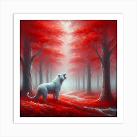 White Tiger In Red Forest Art Print