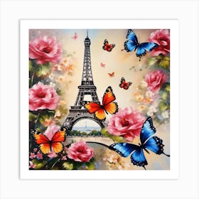 Paris With Butterflies And Roses Art Print