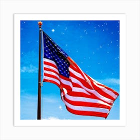 American Flag Unfurled Against A Clear Blue Sky Stars Centered Stripes Flowing Gracefully Overlai Art Print