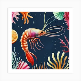 Shrimp And Corals, Paradise Watercolor Art Print