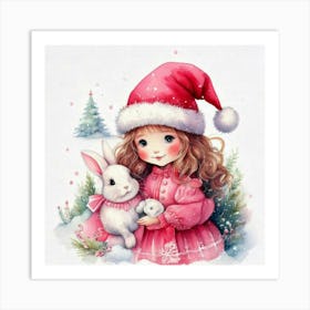 Firefly Christmas, Bunnies, Santa, Hat, Pastel, Watercolor, Pink, Dresses, Cute, Festive, Holiday, W (2) Art Print