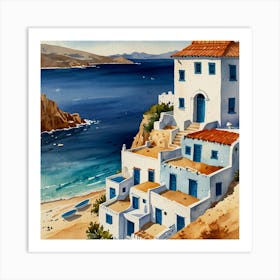 House On The Beach.Summer on a Greek island. Sea. Sand beach. White houses. Blue roofs. The beauty of the place. Watercolor. Art Print