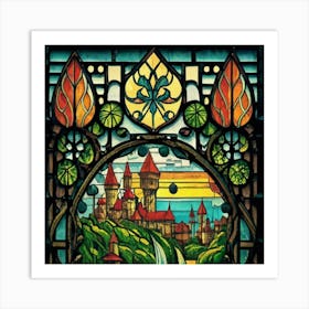 Image of medieval stained glass windows of a sunset at sea 8 Art Print