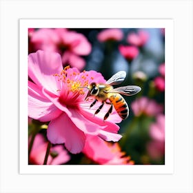 A Close Up Of A Bee Fluttering On A Pink Flower To Suck Its Nectar In A Garden Full Of Flowers Of Va Art Print