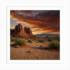 A Dramatic Desert Landscape With Red Rock Formations And A Vibrant Sunset Sky 2 Art Print