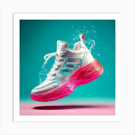 Firefly Sneaker, Flashy, Turquoise, Pink, Leather, Magic, Jumping, Sole, Floating, White, Backdrop, (10) Art Print