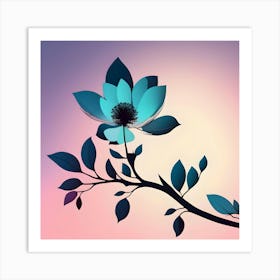 Branch With Turquoise Flower, Background Of Grade In Pastel Colors Art Print