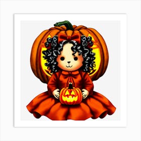 Halloween Girl With PumpkinTeddy Art Print