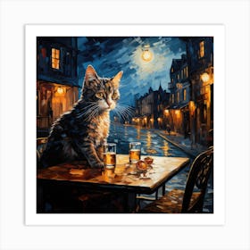 Cat And Cafe Terrace At Night Van Gogh Inspired 08 Art Print