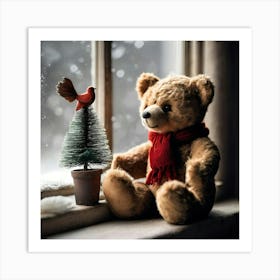 Teddy Bear With Bird On The Christmas Tree Art Print