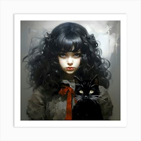 Gothic Grace - A Girl And Her Cat Art Print