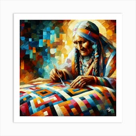 Elderly Native American Woman Quilting 2 Art Print