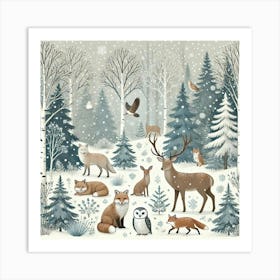 Winter Wildlife In Snowy Forest Printed Art A Serene Illustration Of Winter Wildlife In A Peaceful Snow Covered Forest, Perfect For Bringing The Beauty Of Nature And The Calm Of Winter Into Any Sp Art Print