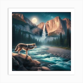 Wolf on the Rocks of Waterfall River Art Print