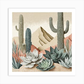 Firefly Modern Abstract Beautiful Lush Cactus And Succulent Garden In Neutral Muted Colors Of Tan, G (19) Art Print