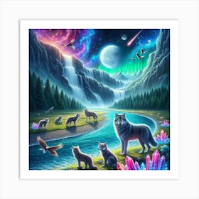 Wolf Family by Crystal Waterfall Under Full Moon and Aurora Borealis 6 Art Print