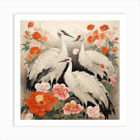 Cranes And Flowers Art Print