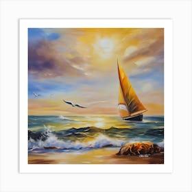 Oil painting design on canvas. Sandy beach rocks. Waves. Sailboat. Seagulls. The sun before sunset.31 Art Print