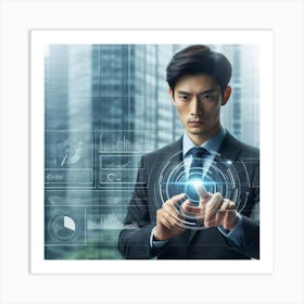 Asian Businessman Touching A Touch Screen Art Print