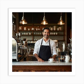 Cafe Interior Early Morning Barista Clad In A Crisp Apron With Visible Badges Of Skill Steam Waft Art Print