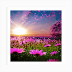 Sunset With Pink Flowers Art Print