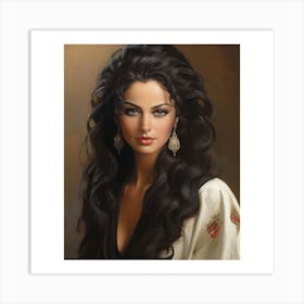 Oil painting 2. Portrait of a woman 3. Long hair 4. White blouse 5. Gold and black patterned kimono 6. Large, expressive eyes 7. Dangling earrings 8. Realistic artwork 9. Beauty and grace 10. Painting of a woman. Art Print