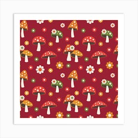 Woodland Mushroom And Daisy Seamless Pattern On Red Background Art Print