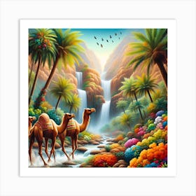 Camels By The Waterfall Art Print