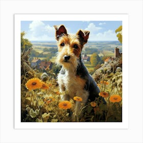 Wire Hair Fox Terrier Amongst Flowers At The Hilltop 1 Art Print