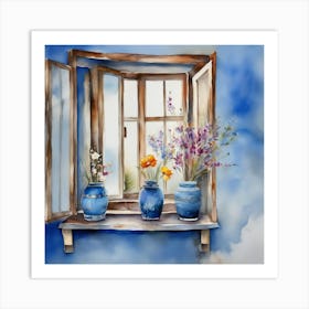 Blue wall. Open window. From inside an old-style room. Silver in the middle. There are several small pottery jars next to the window. There are flowers in the jars Spring oil colors. Wall painting.53 Art Print