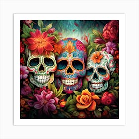 Maraclemente Many Sugar Skulls Colorful Flowers Vibrant Colors 1 Art Print