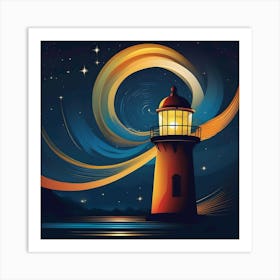 A Lighthouse At Night Art Print