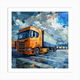 Orange Truck Logistics Oil Painting Art Print