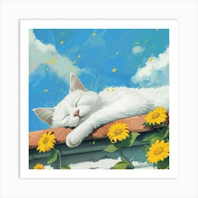 White Cat Sleeping On A Roof 1 Art Print