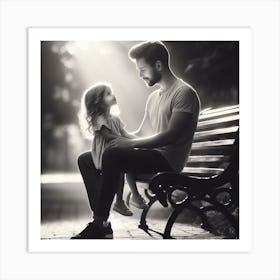 Father And Daughter Sitting on Bench black and white photo  Art Print