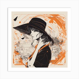 A Silhouette Of A Boy Wearing A Black Hat And Laying On Her Back On A Orange Screen, In The Style Of (1) Art Print