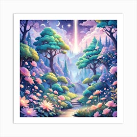 A Fantasy Forest With Twinkling Stars In Pastel Tone Square Composition 44 Art Print