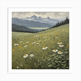 vintage oil painting of wild flowers in a meadow, mountains in the background 1 Art Print