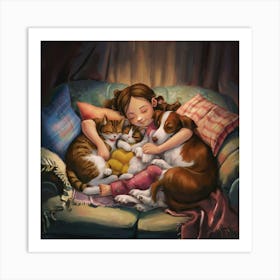 Little Girl With Cats Art Print