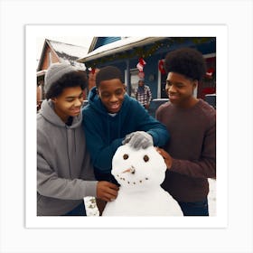 Three Young Men Building A Snowman Art Print