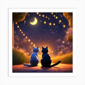 Two Cats Looking At The Moon Art Print