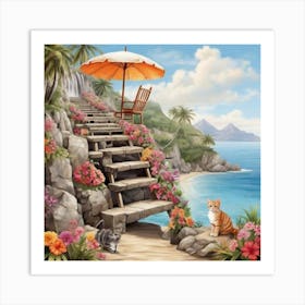 Cat On The Beach 3 Art Print