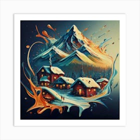 Abstract painting of a mountain village with snow falling 12 Art Print