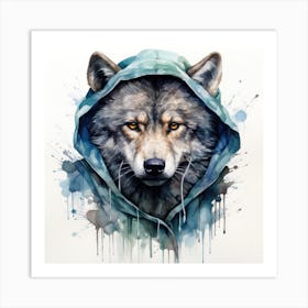 Watercolour Cartoon Wolf In A Hoodie Art Print