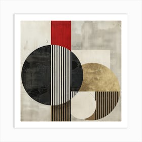 Geometric Balance: Abstract Shapes in White, Black, Red and Gold on Ivory Background Art Print