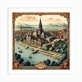 A Vintage Map, Of A Historic City With Ornate Borders And Labels art print Art Print