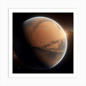 This image shows the planet Mars, the fourth planet from the Sun and the second smallest planet in our solar system, with a diameter of about 6,792 km. Mars is often referred to as the "Red Planet" because of the iron oxide on its surface, which gives it a reddish hue. The surface of Mars is varied, with deserts, canyons, volcanoes, and polar ice caps. The most famous landmark on Mars is Olympus Mons, a shield volcano that is the tallest mountain in the solar system, with a height of about 21.2 km. Mars has a thin atmosphere, with a surface pressure of about 600 pascals (0.087 psi), and a surface temperature that ranges from -153 °C to 20 °C. Mars has two moons, Phobos and Deimos, which are thought to be captured asteroids. Art Print