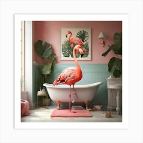 Pink Flamingo In Bathroom Art Print
