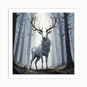 A White Stag In A Fog Forest In Minimalist Style Square Composition 63 Art Print