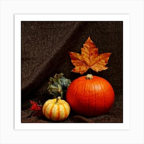 Autumnal Still Life Digital Painting Featuring Maple Leaf And Squash Placed Against Fabric Simulatin (5) Art Print